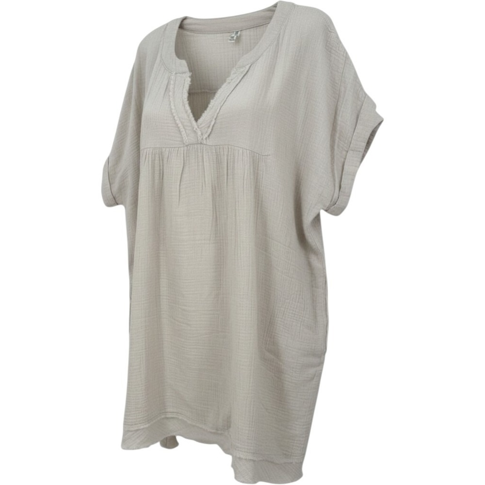 Zenana Cotton Gauze Dress Women 3X Beige Raw Hem V-Neck Pockets NWOT Swim Cover